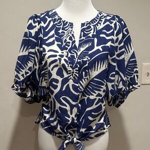 Rose & Olive Blue and White Patterned Blouse